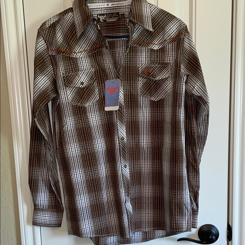 Western Style Brown Button Down Shirt with Plaid Pattern